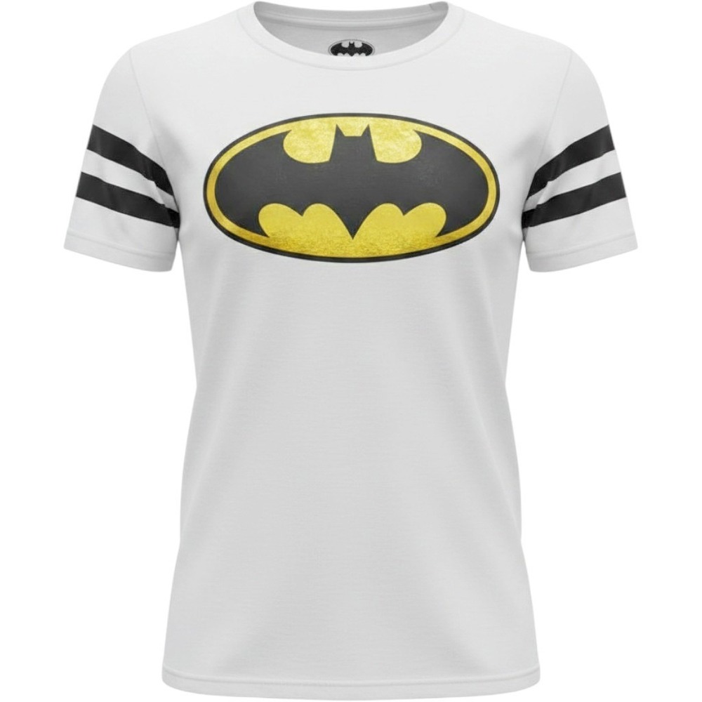 Batman Graphic Tee White Short Sleeve Varsity Stripe Shirt Small DC Comics